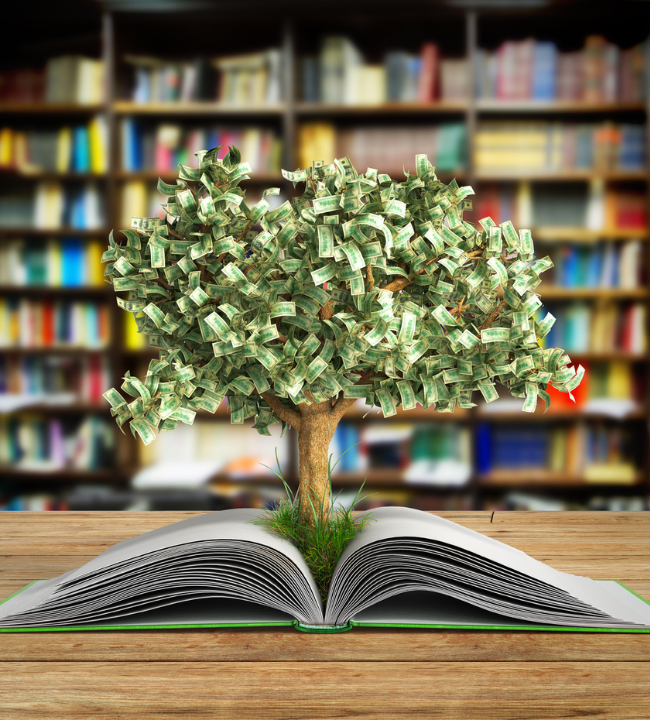 Library with money tree growing out of open book