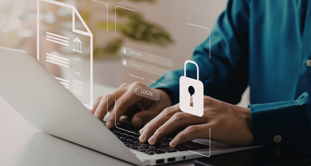 Man on laptop online banking securely