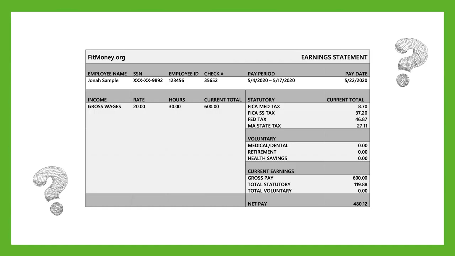 Paystub and question marks icons