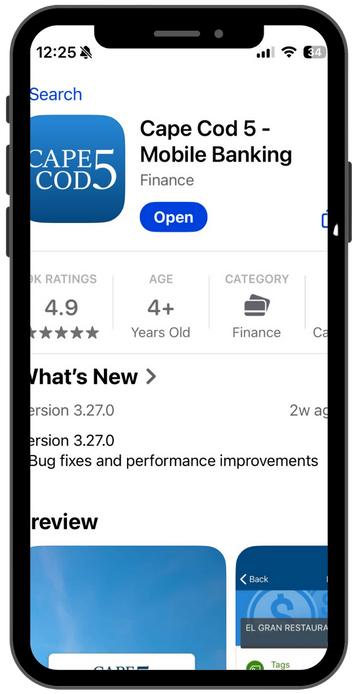 Mobile phone with Cape Cod 5 Banking App in App Store