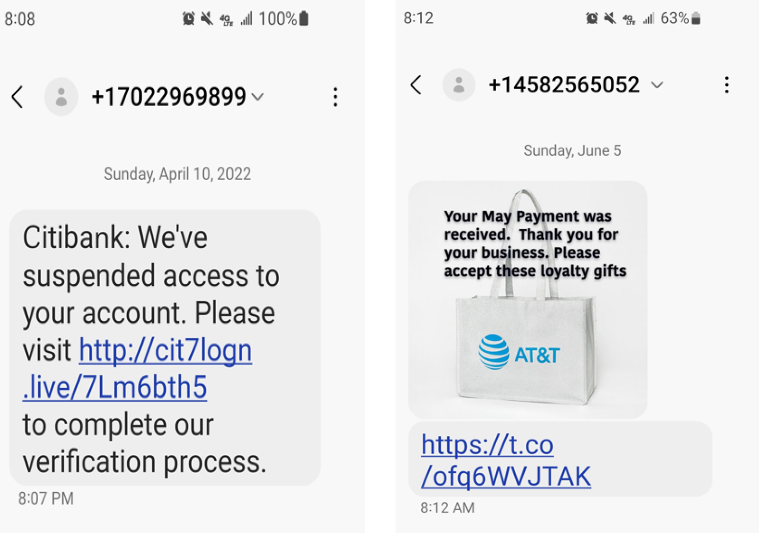 Phishing text screenshots