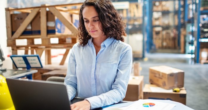 Businesswoman on laptop in warehouse