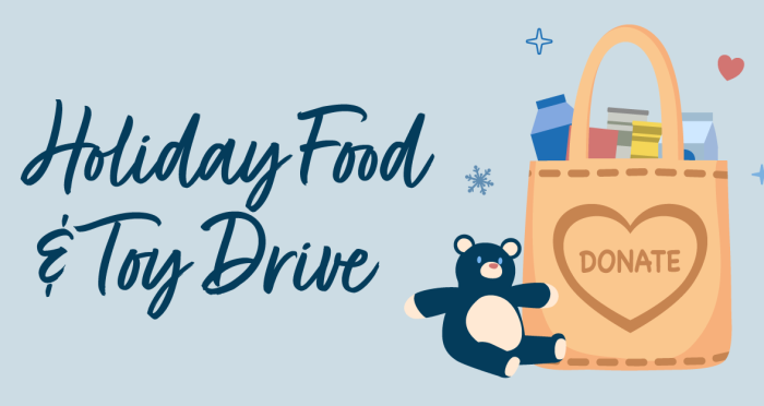 Holiday Food & Toy Drive Holiday Food & Toy Drive logo with grocery bag and childrens toys