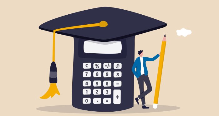 graphic of mortar board, calculator, student and pencil