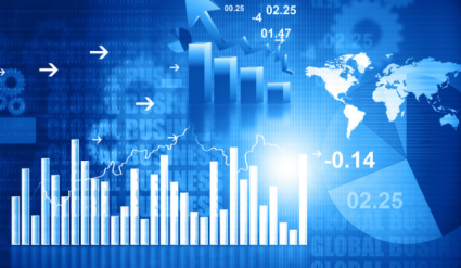 Market Review concept blue 3D graphs and pie charts
