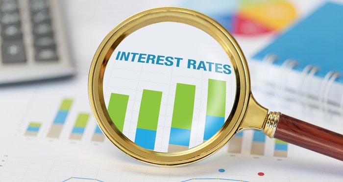 Interest rate bar graph under magnifying glass with notebook, calculator and pie chart in background